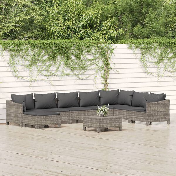 vidaXL Set Divani da Giardino 9 pz con Cuscini in Polyrattan Grigio