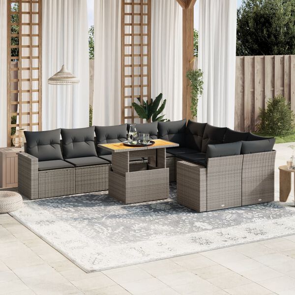 vidaXL Set Divano da Giardino 10 pz con Cuscini Grigio in Polyrattan