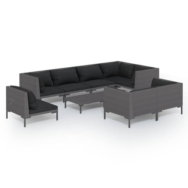 vidaXL Set Divani da Giardino 9 pz con Cuscini Polyrattan Grigio Scuro