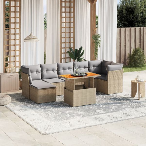 vidaXL Set Divano da Giardino 8 pz con Cuscini Beige in Polyrattan