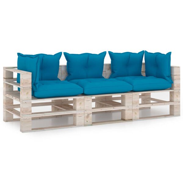 vidaXL Divano da Giardino Pallet 3 Posti con Cuscini in Legno di Pino