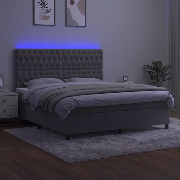 vidaXL Letto a Molle Materasso e LED Grigio Chiaro 160x200 cm Velluto