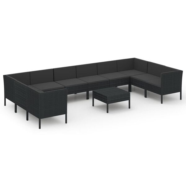 vidaXL Set Divani da Giardino 11 pz con Cuscini in Polyrattan Nero