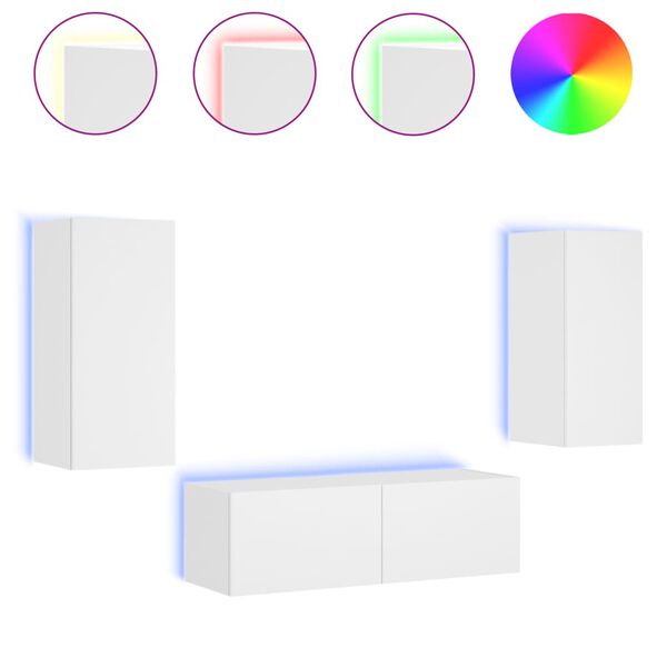 vidaXL Mobili TV a Muro 3pz con Luci LED Bianchi