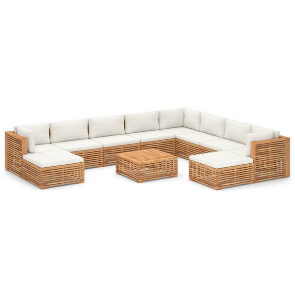 vidaXL Set Divani da Giardino 11 pz con Cuscini Crema in Legno di Teak