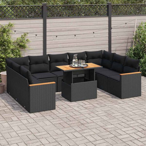 vidaXL Set Divani Giardino 10pz con Cuscini Nero in Polyrattan Acacia
