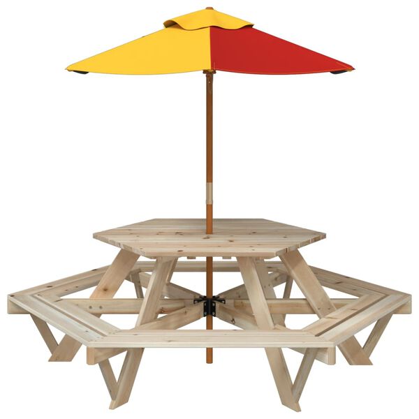 vidaXL Tavolo Picnic per 6 Bambini con Ombrellone Esagono Legno Abete