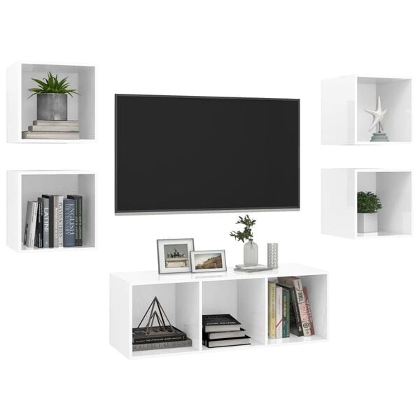 vidaXL Set Mobili TV 5 pz Bianco Lucido in Legno Multistrato