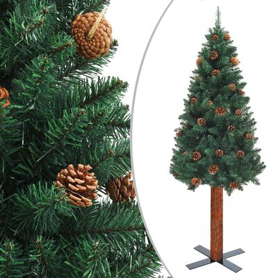 vidaXL Albero di Natale Sottile con Legno Vero e Pigne Verde 180 cm
