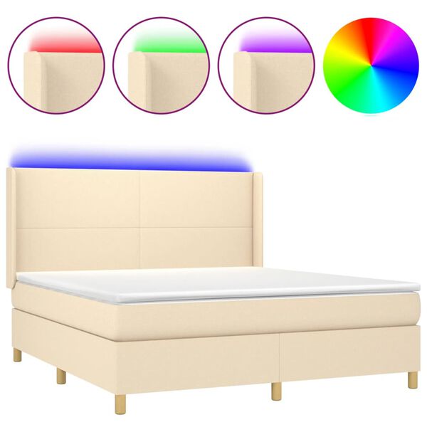 vidaXL Letto a Molle con Materasso e LED Crema 180x200 cm in Tessuto