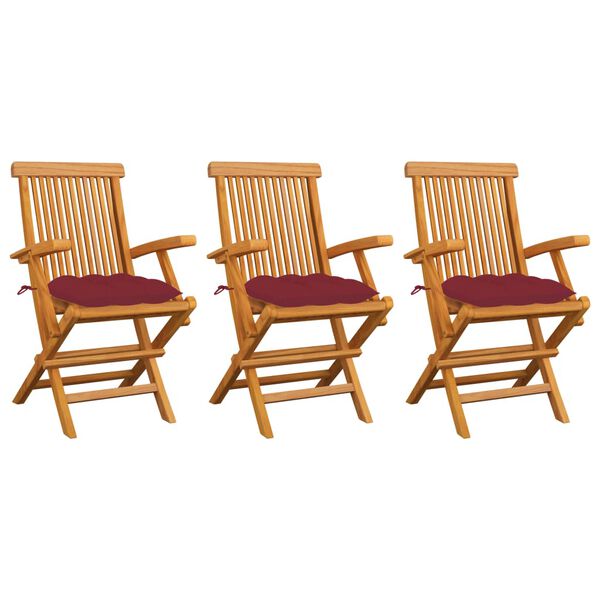 vidaXL Sedie Giardino con Cuscini Rosso Vino 3 pz Legno Massello Teak