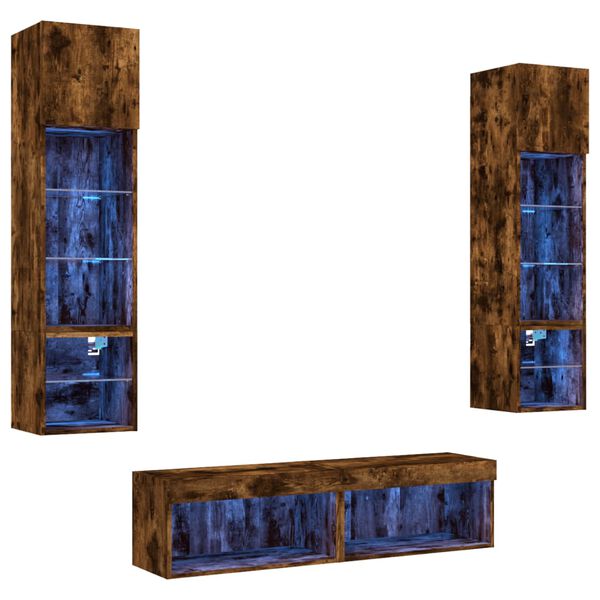 vidaXL Mobili TV a Muro con LED 6pz Rovere Fumo in Legno Multistrato