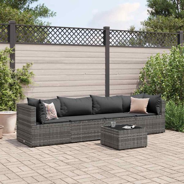 vidaXL Set Divani da Giardino 5 pz con Cuscini in Polyrattan Grigio