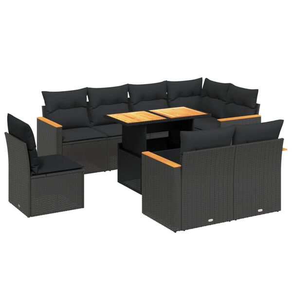 vidaXL Set Divani da Giardino 9 pz con Cuscini Nero in Polyrattan