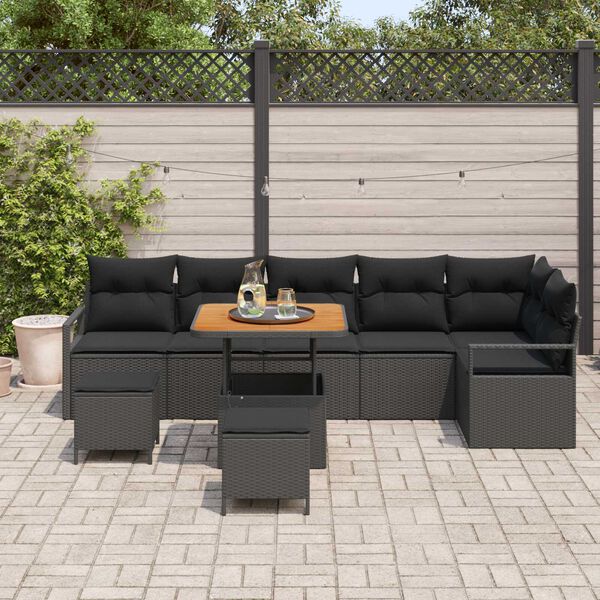 vidaXL Set Divano da Giardino con cuscino 9 pcs Nero Poly Rattan
