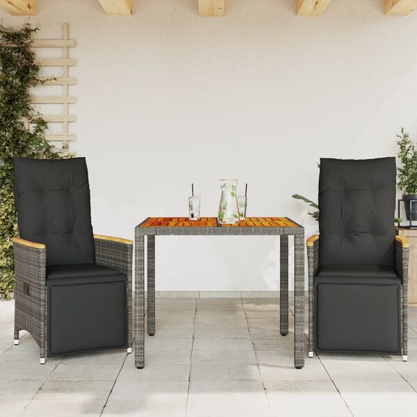 vidaXL Set Bistr&ograve; da Giardino 3 pz con Cuscini in Polyrattan Grigio