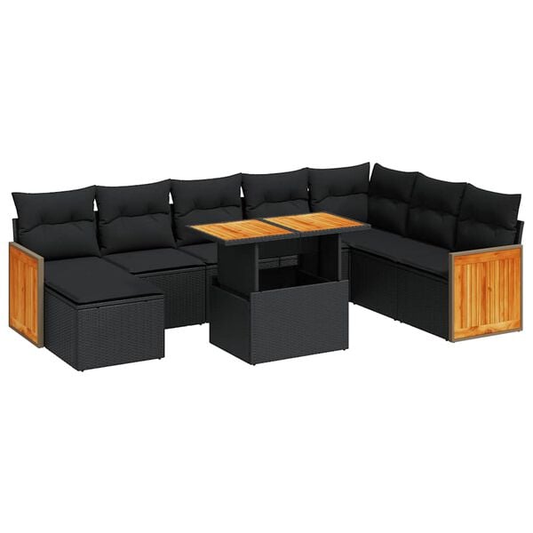 vidaXL Set Divani da Giardino 9 pz con Cuscini Nero Polyrattan Acacia