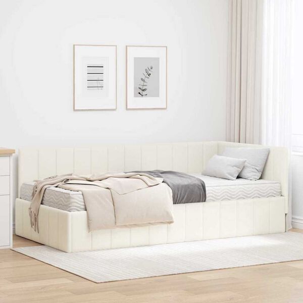 vidaXL Struttura Letto Angolare con Materasso 2 pcs Crema Velluto