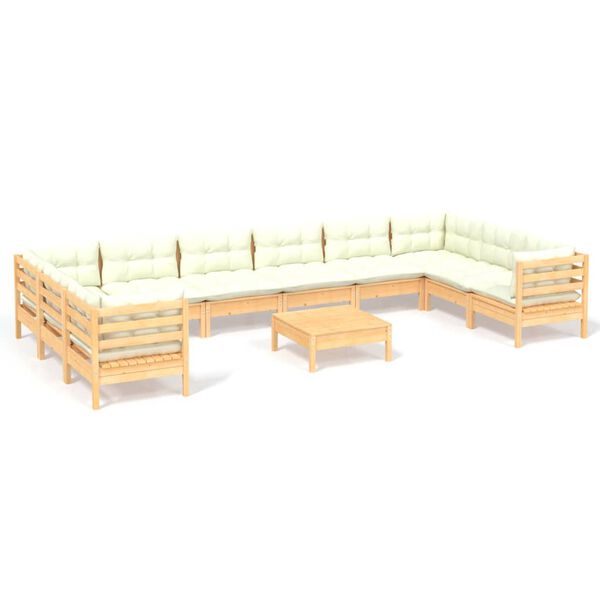 vidaXL Set Divani da Giardino 11 pz con Cuscini Crema Massello di Pino
