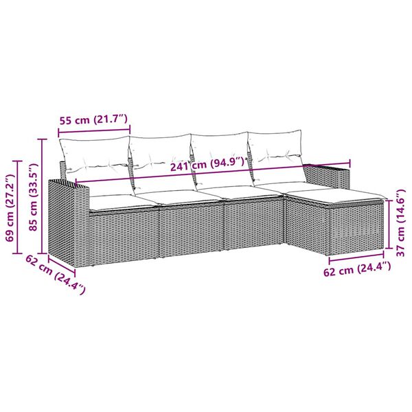 vidaXL Set Divani da Giardino 5 pz con Cuscini in Polyrattan Nero
