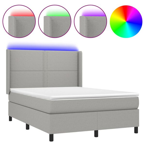 vidaXL Letto a Molle Materasso e LED Grigio Chiaro 140x190 cm Tessuto
