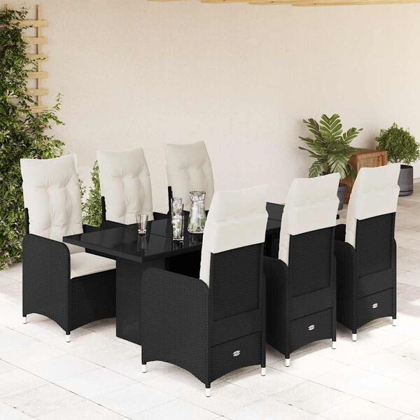 vidaXL Set da Bistr&ograve; da Giardino 7 pz con Cuscini Nero in Polyrattan