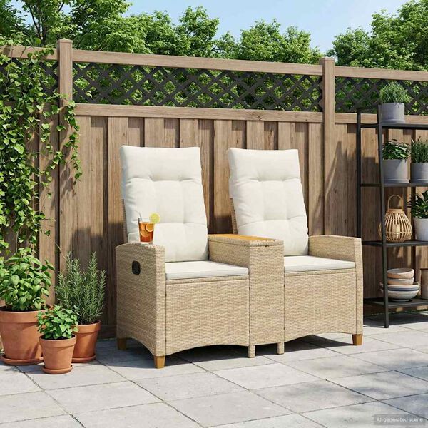 vidaXL Panchina reclinabile con tavolo Beige e Bianco Crema polyrattan