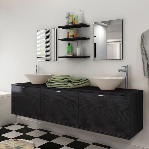 vidaXL Set Mobili da Bagno 10 pz con Lavabo e Rubinetto Nero