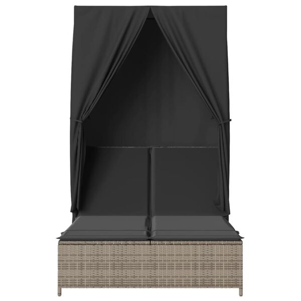 vidaXL Lettino Prendisole Doppio Tetto e Tende Grigio in Polyrattan