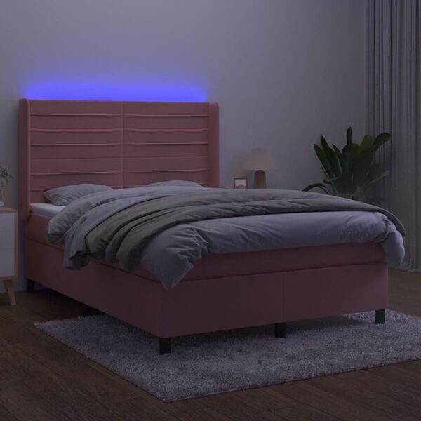 vidaXL Letto a Molle con Materasso e LED Rosa 140x200 cm in Velluto