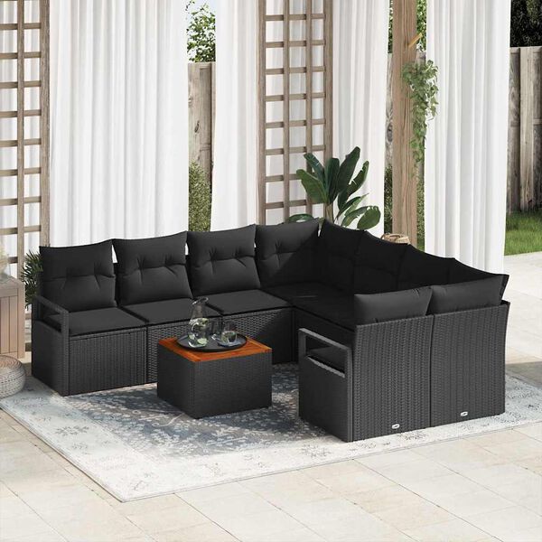 vidaXL Set Divano da Giardino con cuscino 9 pcs Nero polyrattan