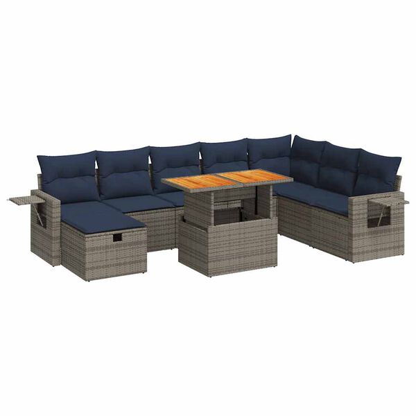 vidaXL Set Divano da Giardino 9pz con Cuscini Grigio Polyrattan Acacia
