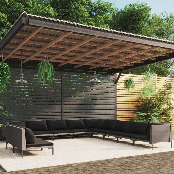 vidaXL Divani da Giardino 11 pz con Cuscini in Polyrattan Grigio Scuro
