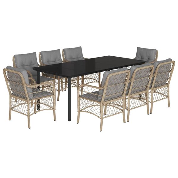 vidaXL Set Pranzo da Giardino 9 pz con Cuscini Beige Misto Polyrattan
