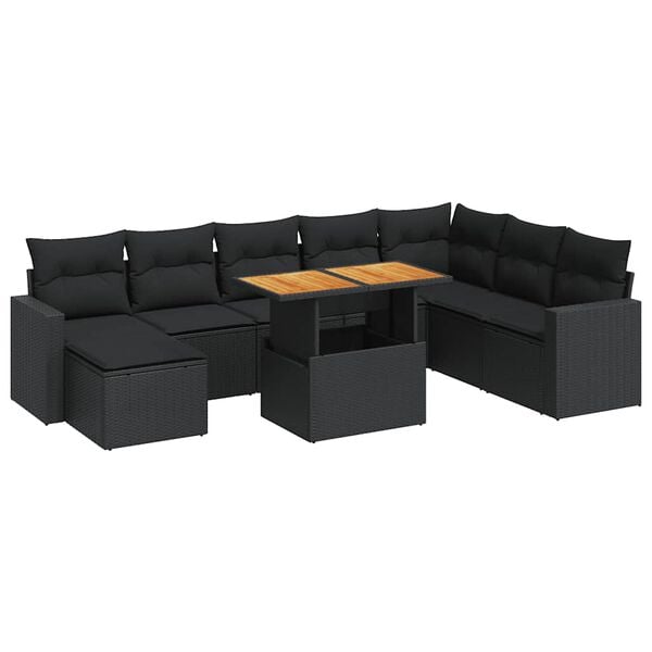 vidaXL Set Divani da Giardino 9 pz con Cuscini Nero in Polyrattan