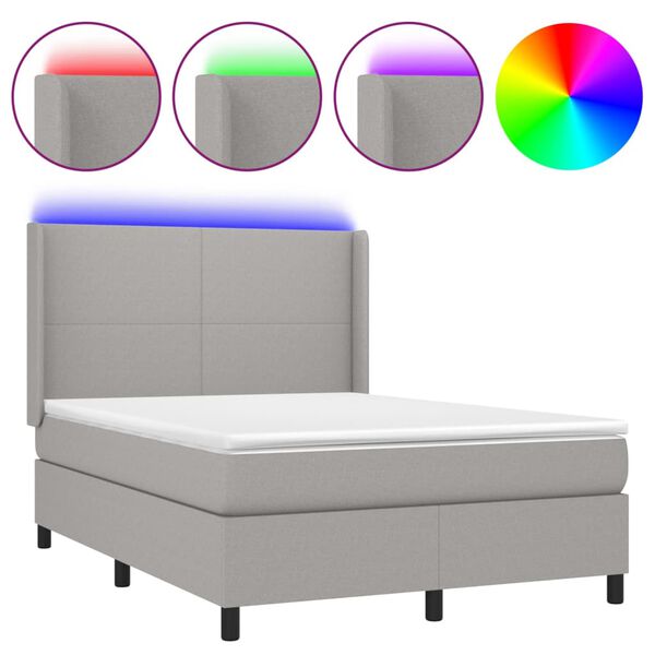 vidaXL Letto a Molle Materasso e LED Grigio Chiaro 140x200 cm Tessuto