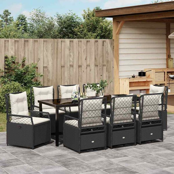 vidaXL Set da Pranzo per Giardino 9 pcs Nero polyrattan