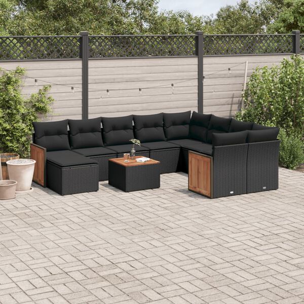 vidaXL Set Divani da Giardino 11 pz con Cuscini in Polyrattan Nero