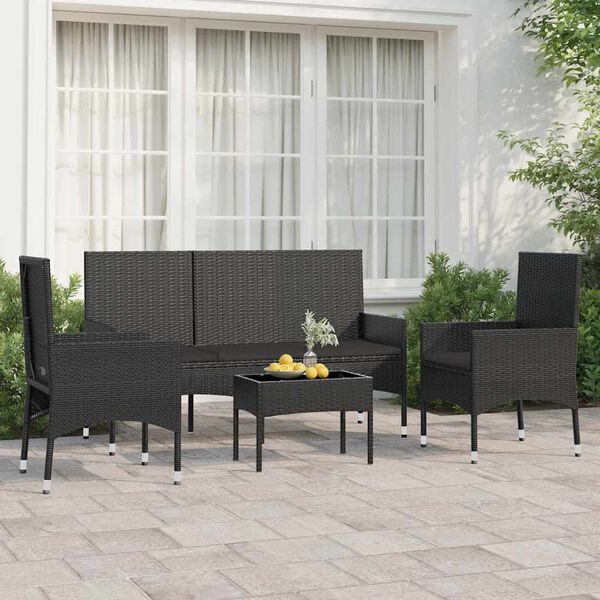 vidaXL Set Divani da Giardino 4 pz con Cuscini Nero in Polyrattan