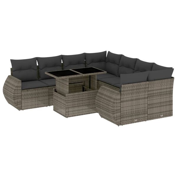 vidaXL Set Divano da Giardino 9 pz con Cuscini Grigio in Polyrattan