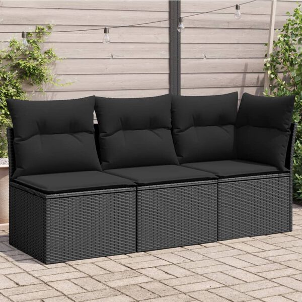 vidaXL Divano da giardino con cuscini 3 posti nero in polyrattan