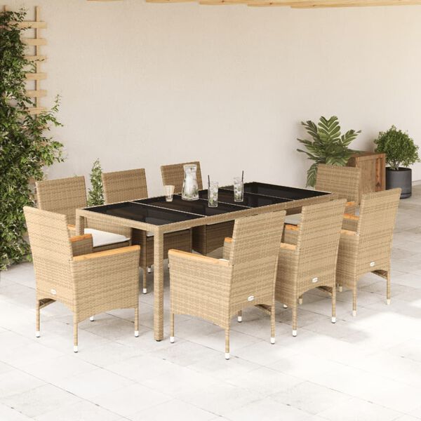 vidaXL Set da Pranzo da Giardino 9 pz con Cuscini Polyrattan e Vetro