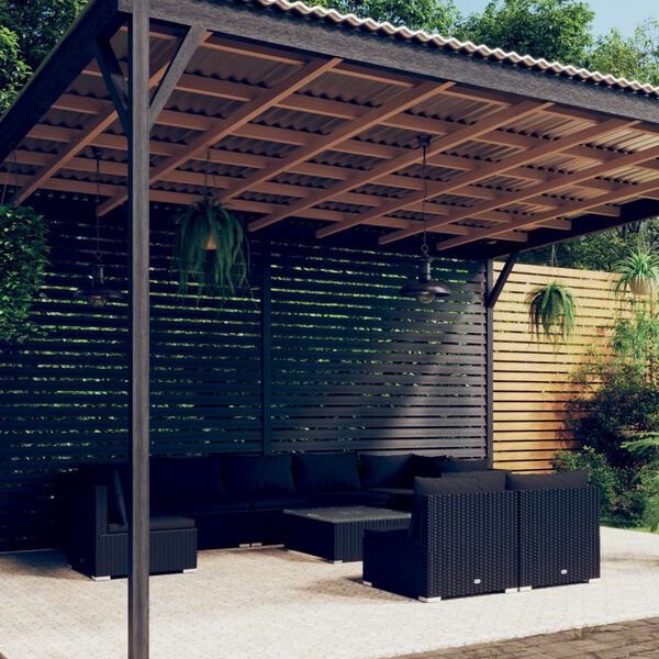 vidaXL Set Divani da Giardino 10 pz con Cuscini in Polyrattan Nero