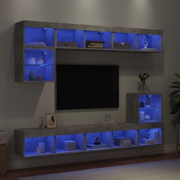 vidaXL Mobili TV a Muro con LED 8pz Grigio Cemento Legno Multistrato