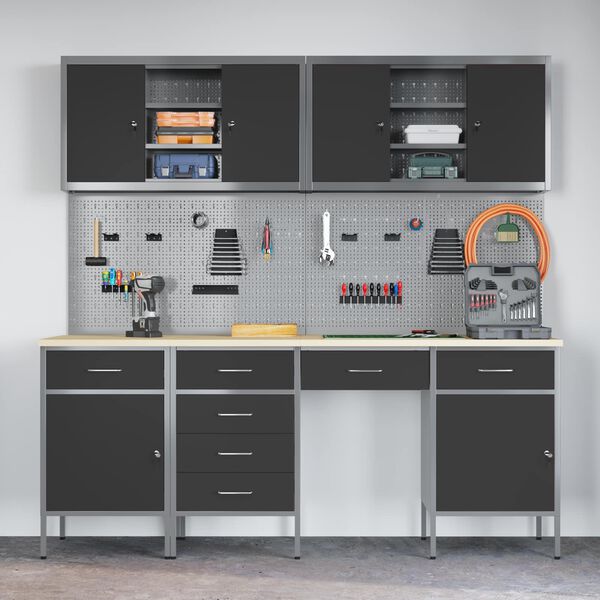 vidaXL Mobile da lavoro 10 pcs Nero Legno ingegnerizzato e acciaio