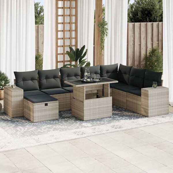 vidaXL Set Divano da Giardino 9pz con Cuscini Grigio Chiaro Polyrattan