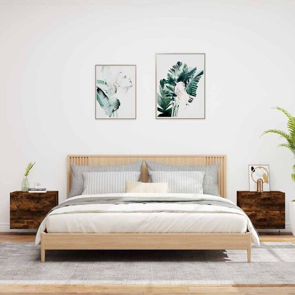 vidaXL Comodini a Parete con luci LED 2 pz Rovere Fumo