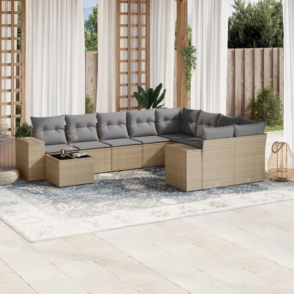 vidaXL Set Divano da Giardino 10 pz con Cuscini Beige in Polyrattan