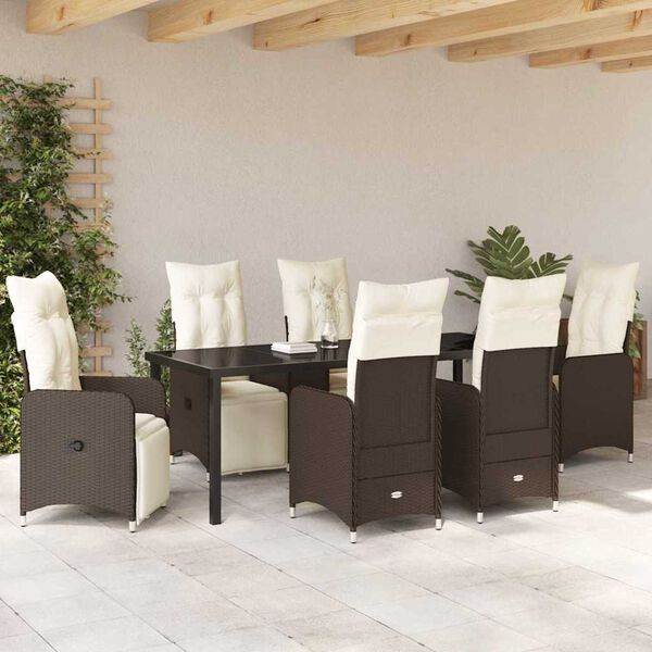 vidaXL Set da Pranzo per Giardino con cuscino 7 pcs Marrone polyrattan