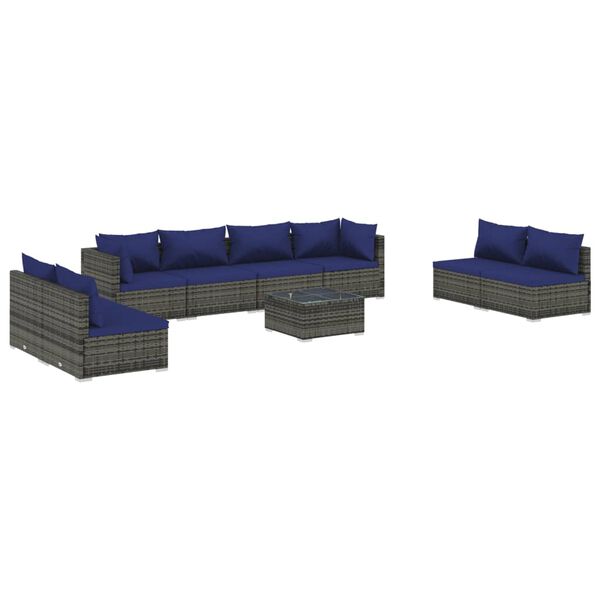 vidaXL Set Divani da Giardino 9 pz con Cuscini in Polyrattan Grigio